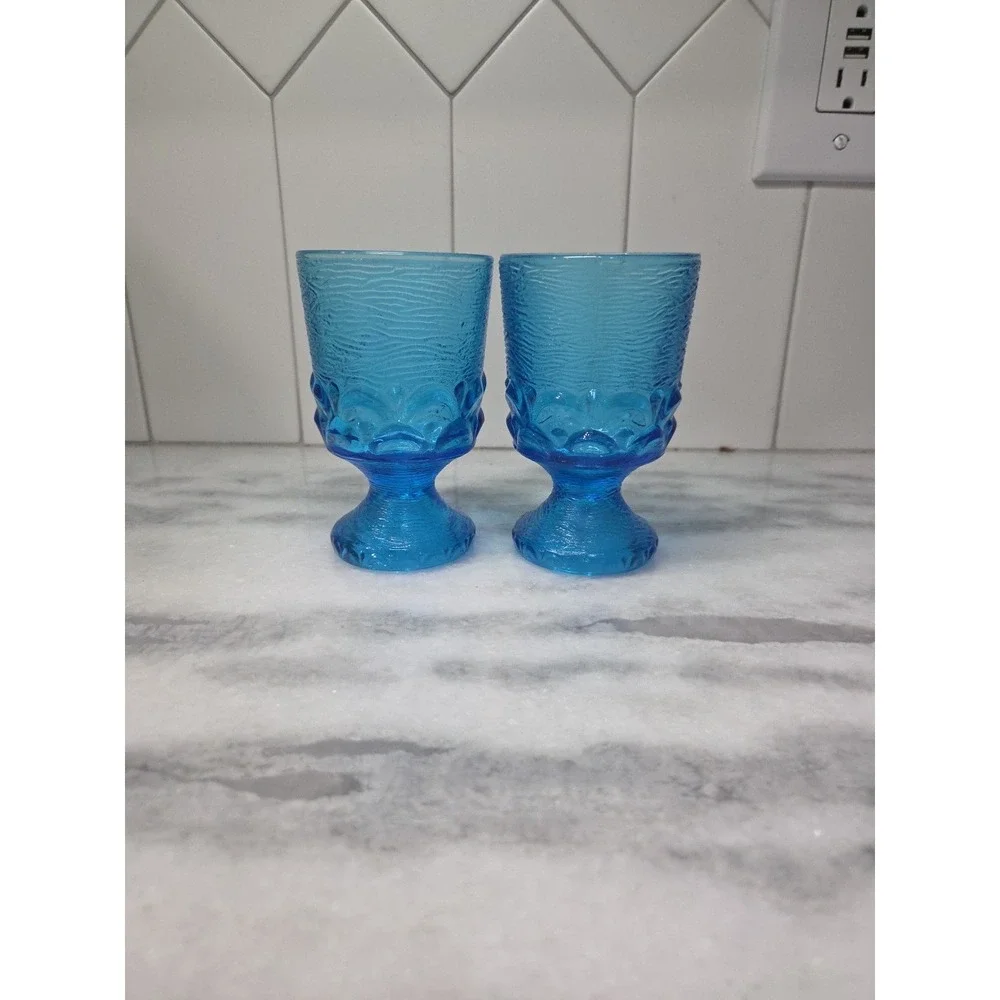 Brockway Glass Co Wine Goblets, Set of 2, Monterey Blue Footed Goblets, Textured